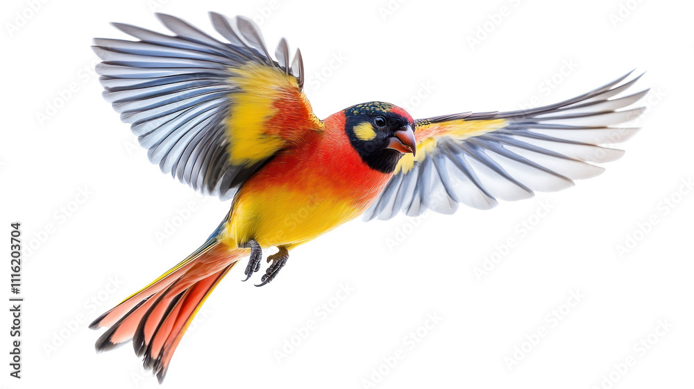 Fototapeta premium A vibrant bird in flight, showcasing its colorful plumage with outstretched wings against a transparent background.