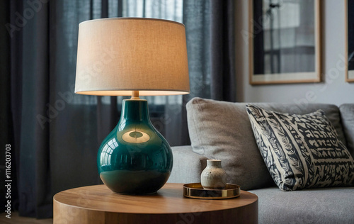 Close up of lamp on side table near sofa. Scandinavian home interior design of modern living room.
