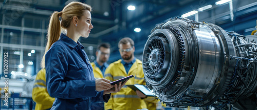 A technician examines an aircraft engine while colleagues observe, showcasing teamwork and technical expertise in an industrial setting.