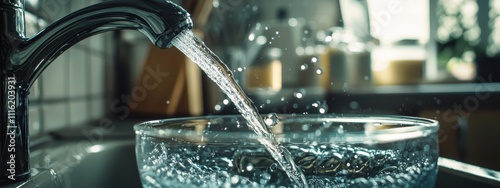 clean water from the tap flows into the glass