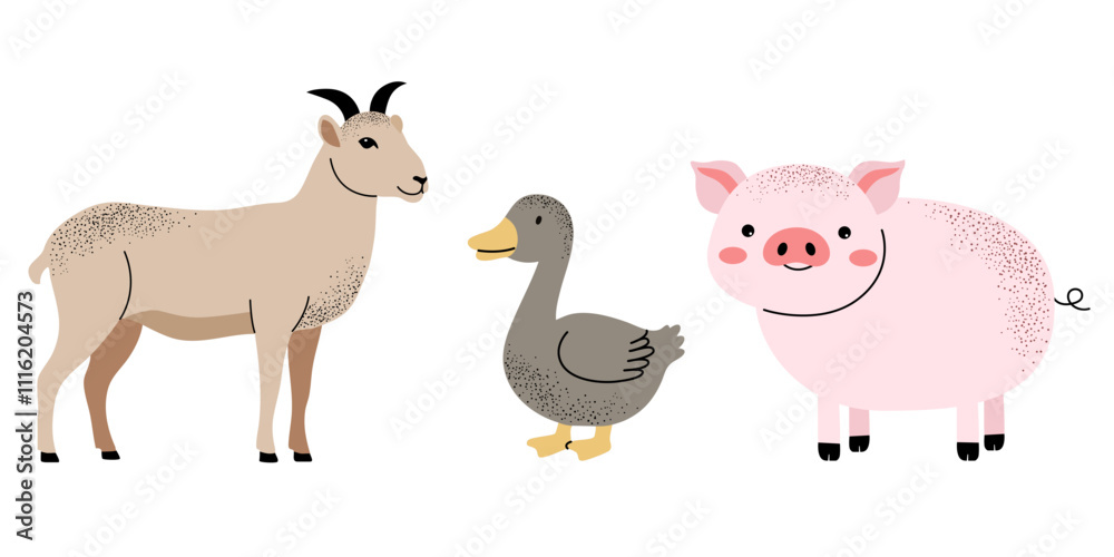 Fototapeta premium Cute farm animals set. Goat, pig, goose. Flat set of home animals, pets.