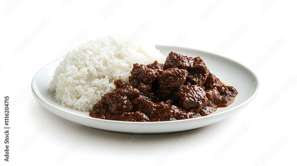 Delicious beef stew served with a side of fluffy white rice on a white plate. Delicious beef stew served with a side of fluffy white rice on a white plate.