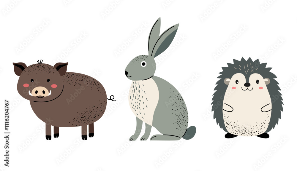 Fototapeta premium Set of cute woodland animals. Boar, hare, hedgehog.