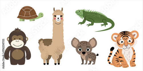 Wild animals. Gorilla, llama, hyena, tiger, iguana, turtle. Hand drawn safari set. photo