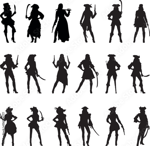 Set of 18-item female pirate silhouette vector illustration