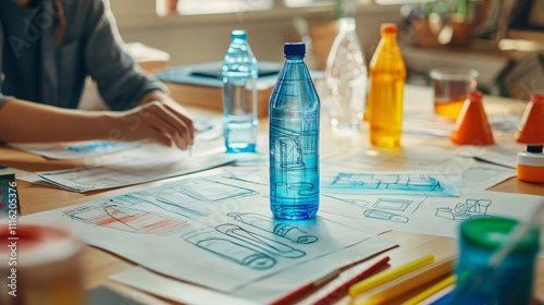 A beverage packaging design studio working on the new bottle design for a premium bottled water brand, with sketches, prototypes, and color samples all laid out on the table.