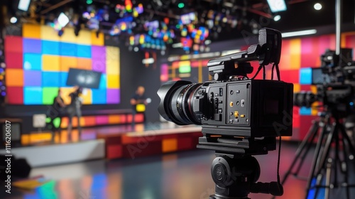 A professional camera setup in a vibrant studio, ready for filming a production.