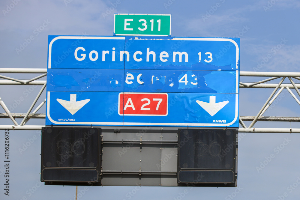 Fototapeta premium Direction signs on motorway A27 beween Breda and Utrecht via Gorinchem