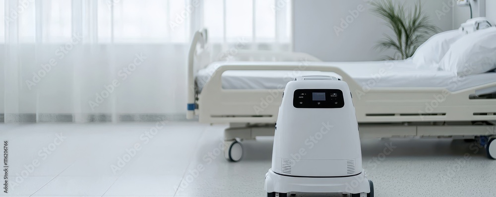 A robotic device stands in a clean hospital room, showcasing modern healthcare technology and the future of patient care. A robotic device stands in a clean hospital room, showcasing modern healthcare technology and the future of patient care.