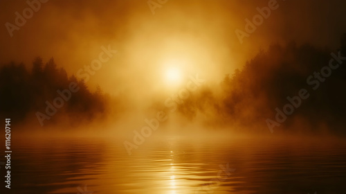 Misty sunrise over calm water with trees.