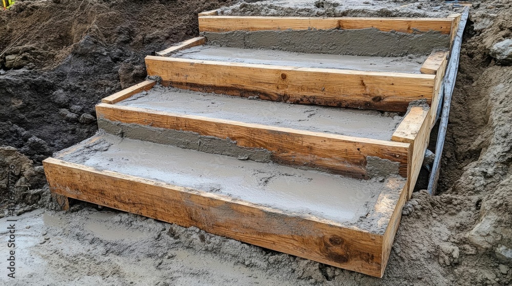 Concrete steps under construction with wooden forms for support. Concrete steps under construction with wooden forms for support.