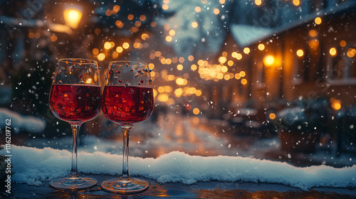 Two wine glasses filled with white wine are placed in the snow, surrounded by pine cones and fairy lights. In the background, a cozy house with Christmas lights is visible, creating a festive winter s photo