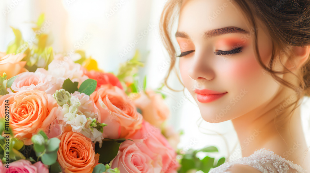Beautiful Young Woman with Soft Makeup and Flower Bouquet in Bright Natural Light Beautiful Young Woman with Soft Makeup and Flower Bouquet in Bright Natural Light
