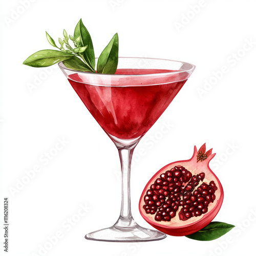 vibrant pomegranate martini garnished with fresh leaves, showcasing sliced pomegranate beside it. This refreshing drink is perfect for any occasion