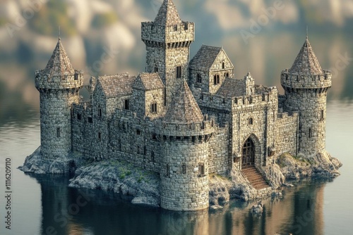 A medieval-style stone castle surrounded by water and rocky terrain.