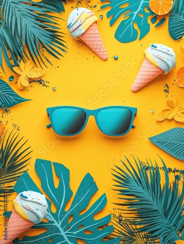 Vibrant Summer Flat Lay with Colorful Sunglasses and Ice Cream Cones Surrounded by Tropical Leaves and Bright Citrus Elements for a Fun Seasonal Vibe photo