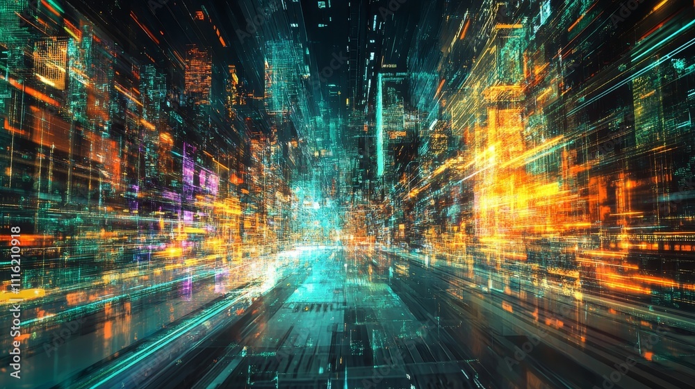 Fototapeta premium Digital artwork illustrating the expansion of the technology market with growth visualization