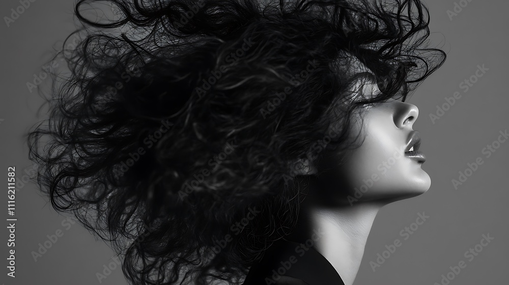Naklejka premium Black and White Portrait of a Woman with Wavy Hair