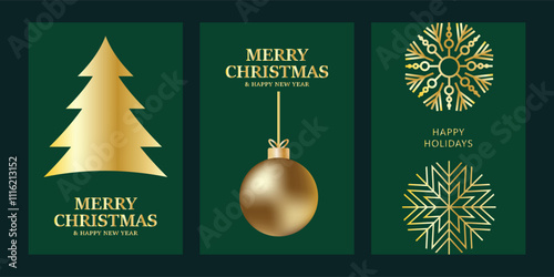 Set of Merry Christmas cards and invitations. Golden snowflakes, Christmas trees and Christmas ball on a green background. Design illustration for cover, print, poster, wallpaper and banner vector.
