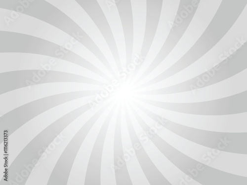 Gray background with white swirl sun ray. Pattern of starburst of spiral radial sunburst. Abstract texture with light of sunburst. Radial beam of sunlight. Retro background with flash. 