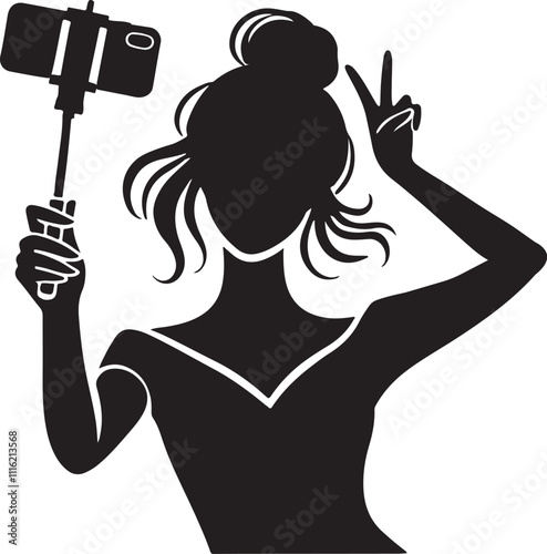 silhouette of a women taking selfie vector art illustration