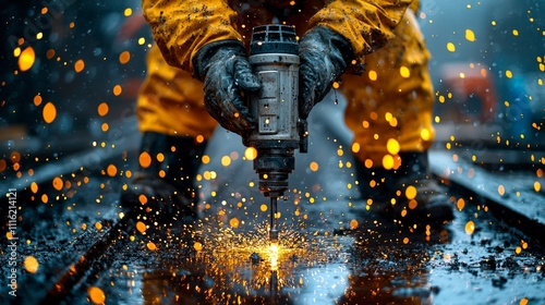 worker protective gear operates robust pneumatic drill construction site. Surrounding heavy machinery and steel structures highlight tool's strength action.