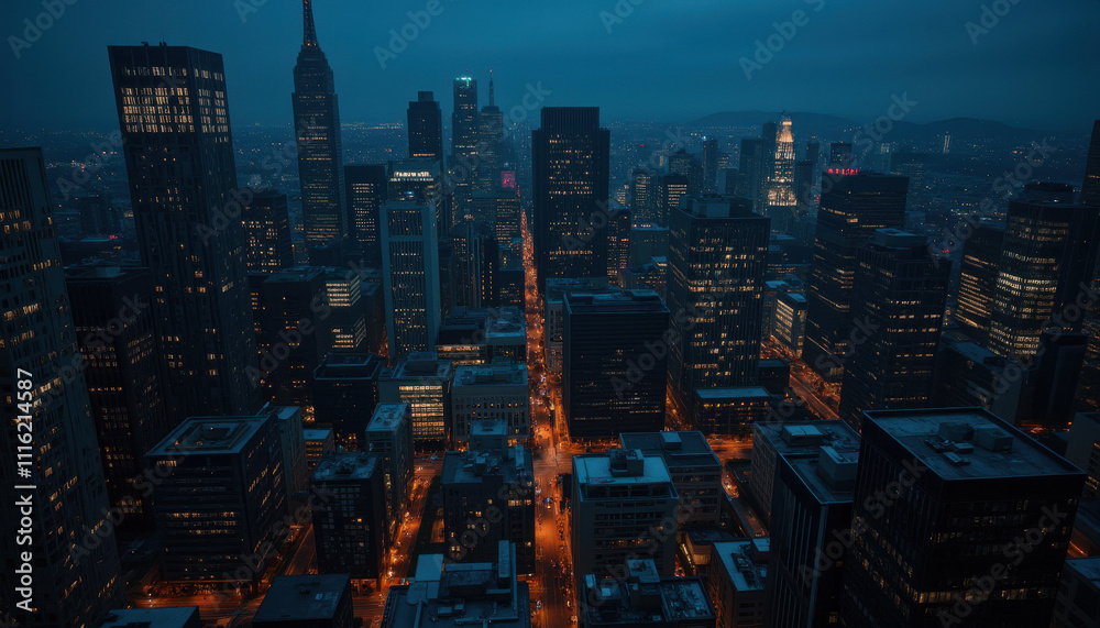 Aerial view of city skyline at dusk with illuminated streets and towering buildings Aerial view of city skyline at dusk with illuminated streets and towering buildings