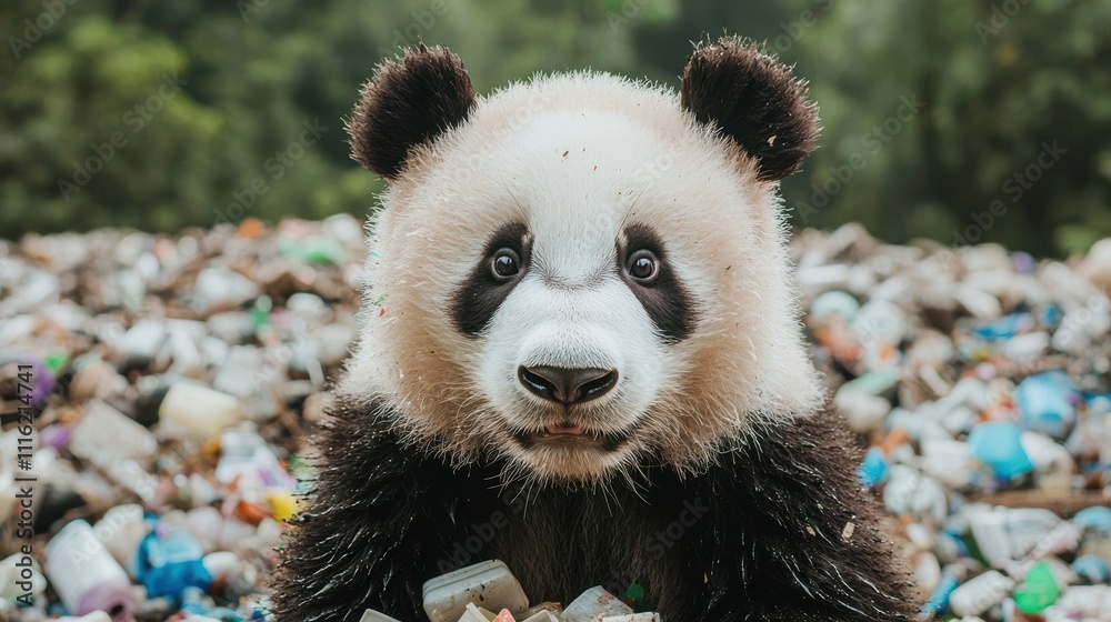 Obraz premium Animal pollution microplastics. A panda surrounded by trash in a natural setting.