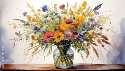 A wooden surface holds a glass vase bursting with vibrant wildflowers, set against a gentle, artistic watercolor background.