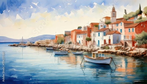 A delightful seaside Mediterranean village, adorned with lively houses, peaceful fishing boats, still waters, and the brilliance of a summer sky. photo