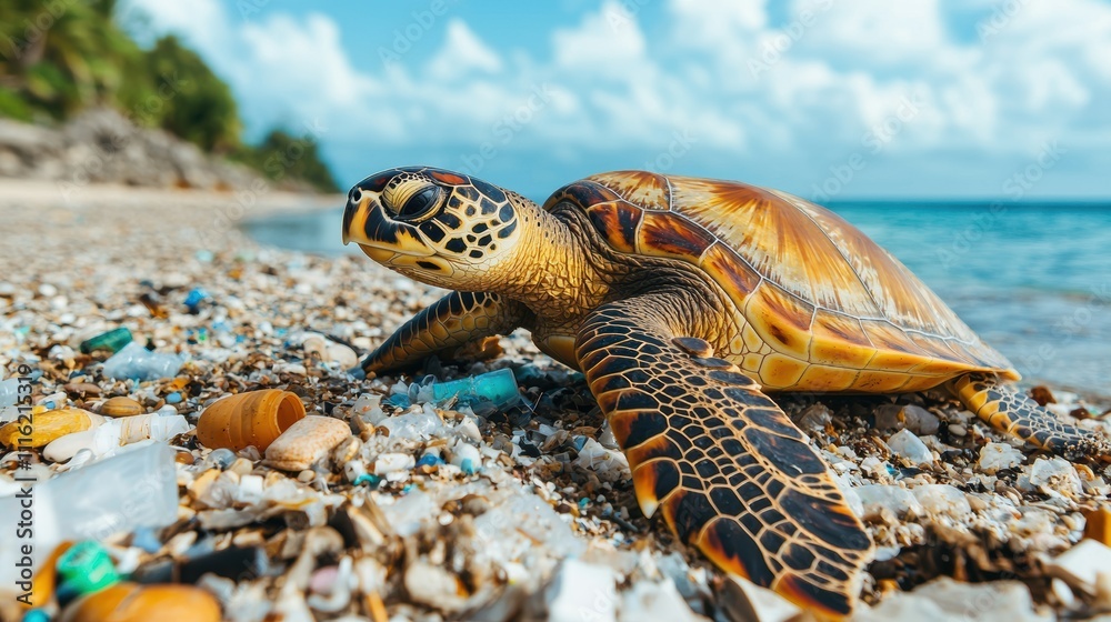 Obraz premium Animal pollution microplastics. Turtle crawling on a beach littered with plastic waste.