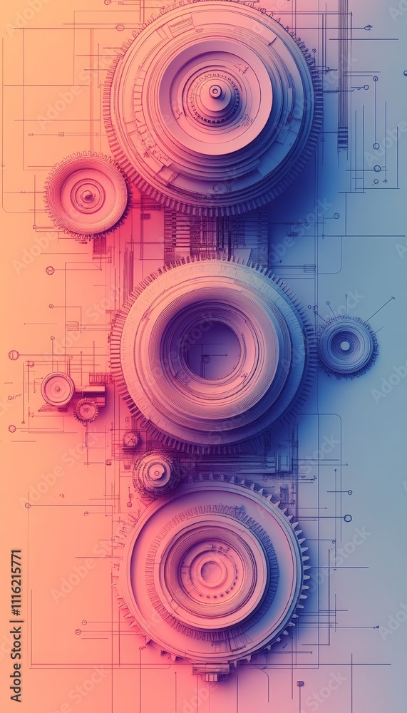 Obraz premium Technical illustration of industrial machinery and equipment on a gradient background
