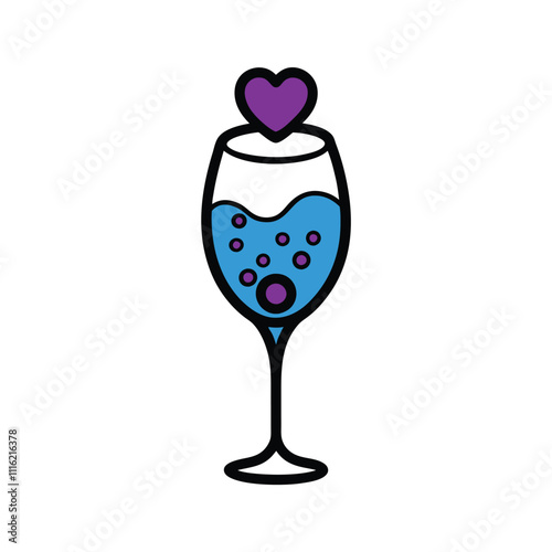 Wine Glass with Heart Bubbles Outline