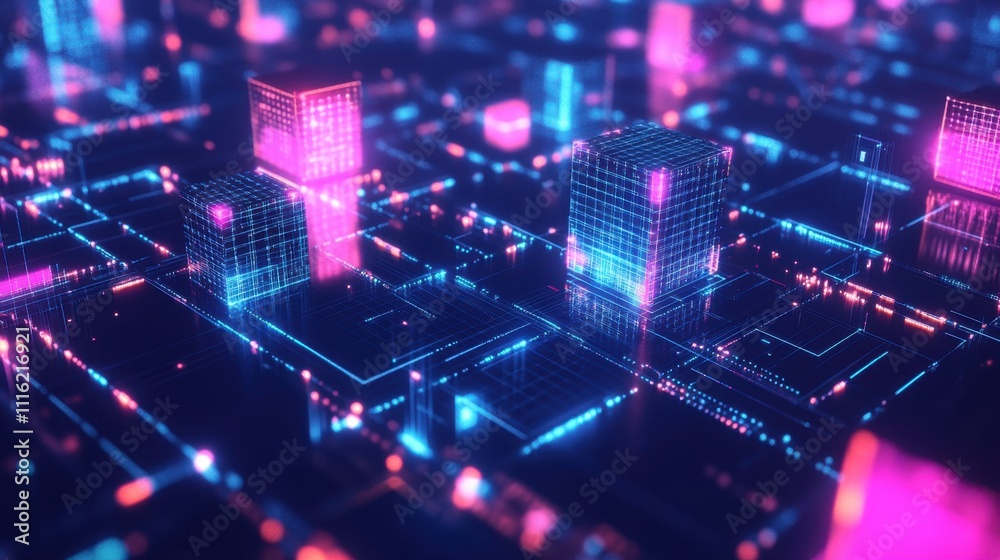 Obraz premium Abstract digital landscape with glowing cubes and grid patterns.