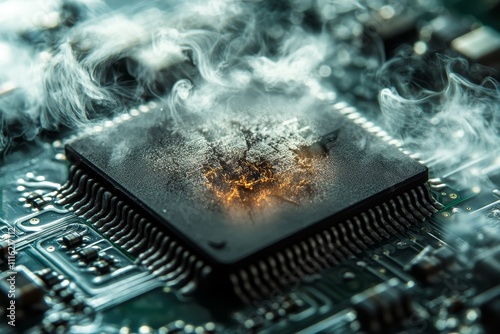 Close up of a damaged computer chip with cracks and smoke against a digital backdrop