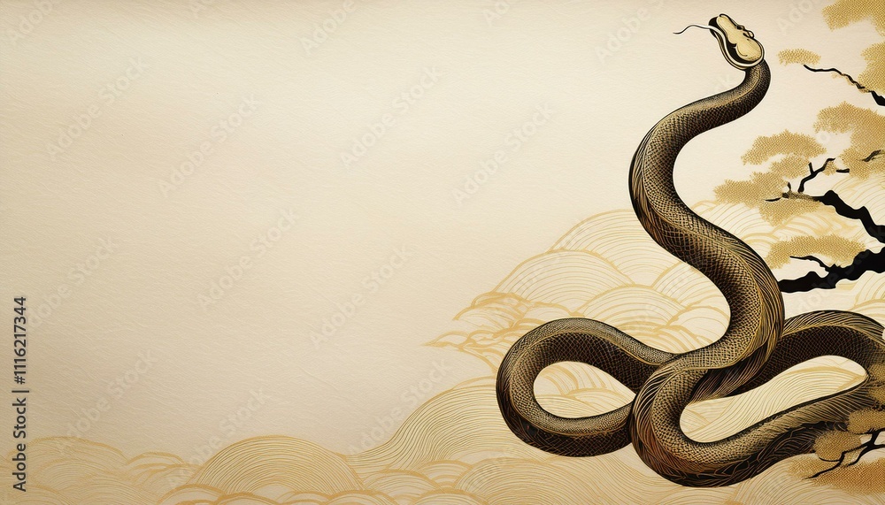 Obraz premium 控えめな蛇のシルエットと金箔ラインが描く、和のエレガントな背景