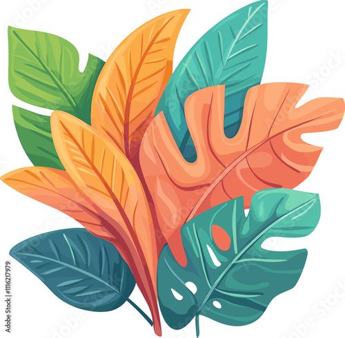 Colorful tropical leaves arranged beautifully in a vibrant display cartoon isolated on transparent background. Vector illustration.