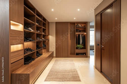 Large, elegant walk-in closet featuring illuminated shelving for shoes, hanging rods for clothes, and drawers for accessories photo