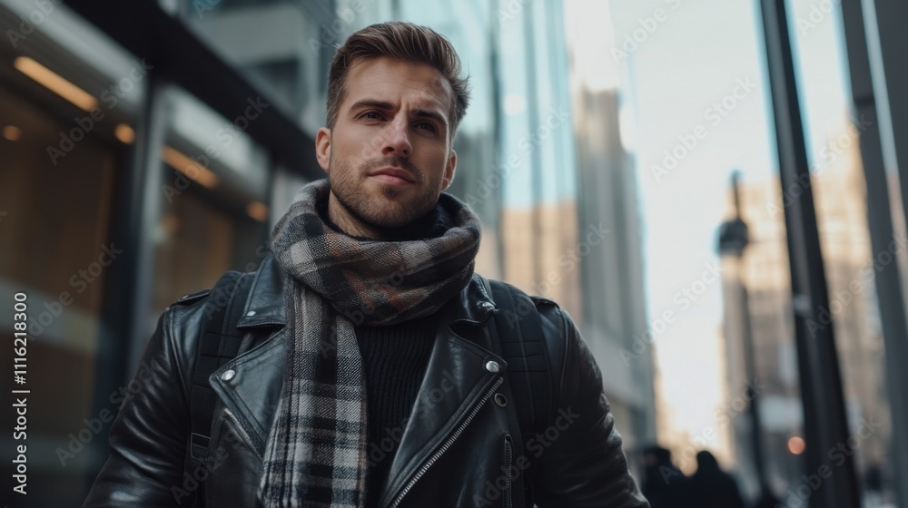 A fashionable person wearing a leather jacket and an elegant scarf strolls down a busy city street surrounded by tall glass buildings, showcasing urban style