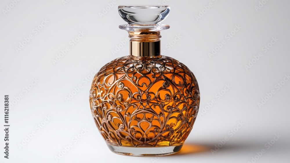 Elegant whiskey decanter with intricate design, showcasing amber liquid inside. Elegant whiskey decanter with intricate design, showcasing amber liquid inside.