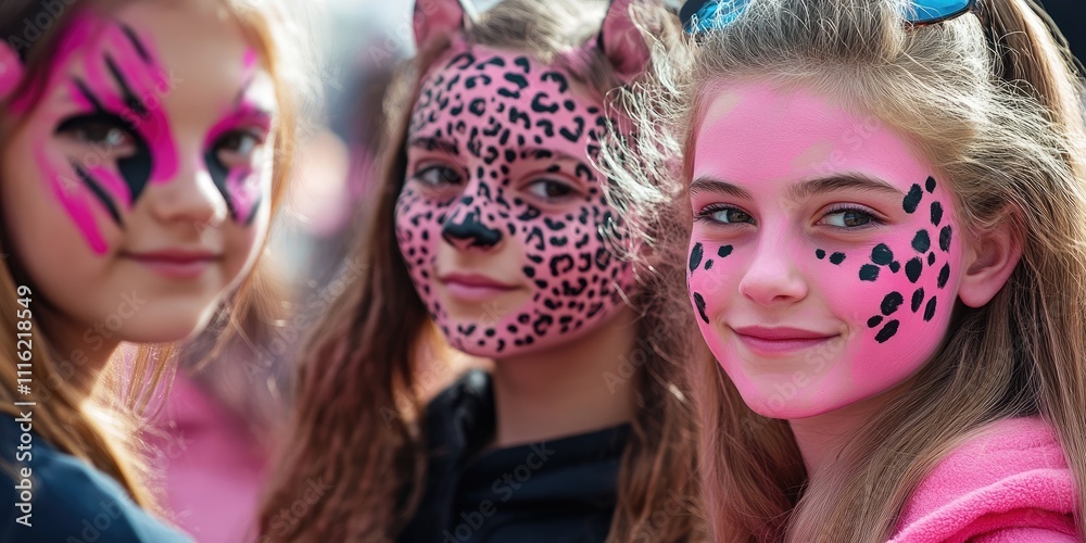 Obraz premium A group of girls, some with pink face paint and others with leopard patterns on their faces, are gathered together, showcasing their vibrant and creative facial designs.