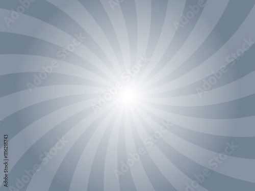 Gray background with white swirl sun ray. Pattern of starburst of spiral radial sunburst. Abstract texture with light of sunburst. Radial beam of sunlight. Retro background with flash. 