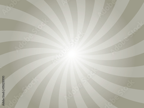 Gray background with white swirl sun ray. Pattern of starburst of spiral radial sunburst. Abstract texture with light of sunburst. Radial beam of sunlight. Retro background with flash. 