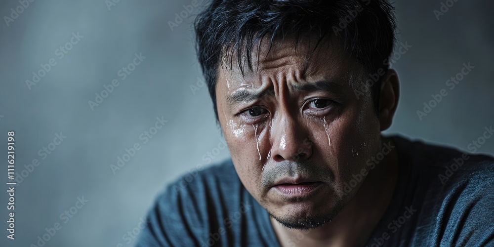 Fototapeta premium A sorrowful Asian man is shedding tears against a muted gray backdrop. His expression reflects deep sadness as he sits alone in this poignant moment.