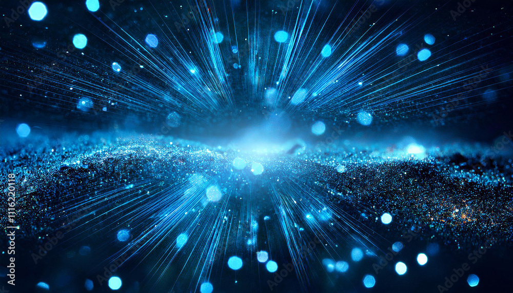 Fototapeta premium Abstract epic cinematic background. Blue glowing particles surrounded