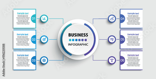 Infographic design business template with 6 options, steps. Can be used for workflow layout, diagram, annual report, web design	