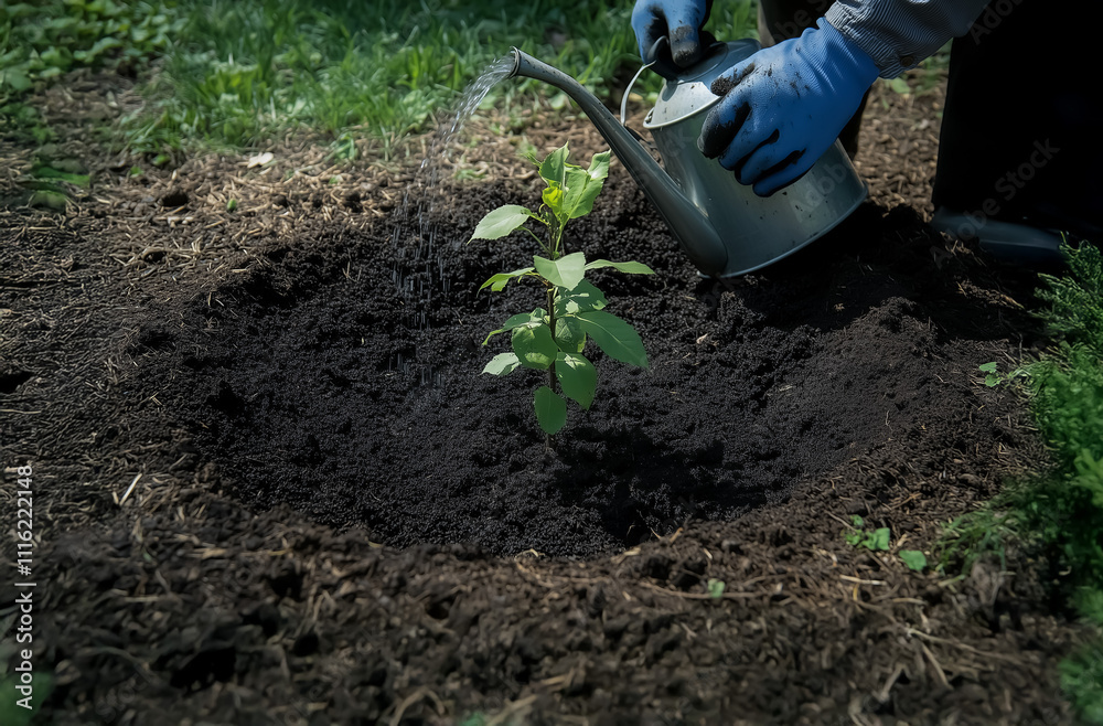 Naklejka premium Gardener wearing gloves, watering a freshly planted sapling with a silver watering can, surrounded by rich, dark soil in a lush green garden.