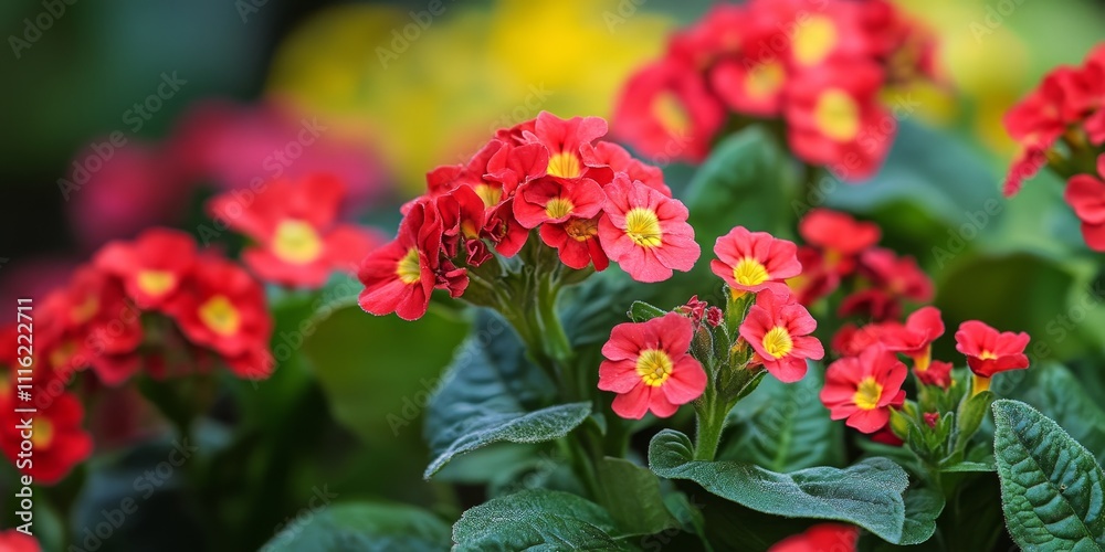 Vibrant small red flowers with yellow accents flourish in a home garden. These intensely red flowers add charm to any tiny garden space, creating a stunning display of nature s beauty. Vibrant small red flowers with yellow accents flourish in a home garden. These intensely red flowers add charm to any tiny garden space, creating a stunning display of nature s beauty.