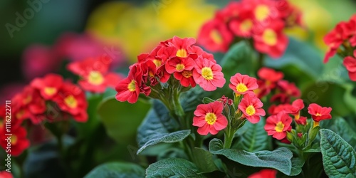 Vibrant small red flowers with yellow accents flourish in a home garden. These intensely red flowers add charm to any tiny garden space, creating a stunning display of nature s beauty.