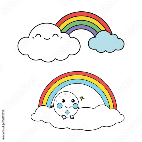 A Whimsical Cloud Holding A Funny Rainbow Outline Vector Design
